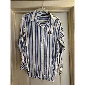 Karl Lagerfeld Paris Women’s Stripe Button Down Shirt Large Head Logo Graphic